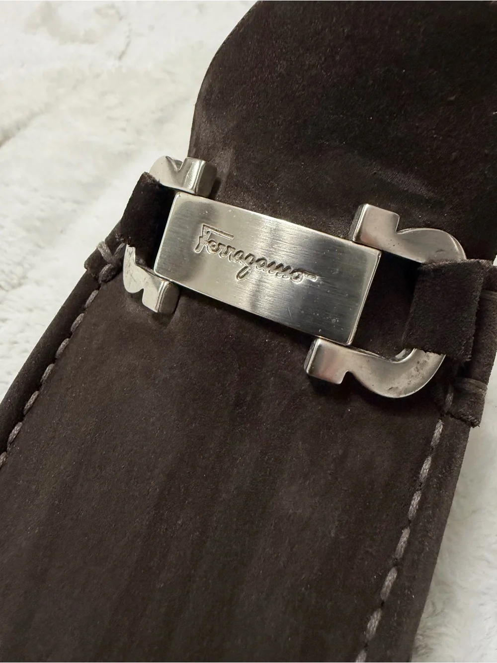 MINT! $950 Salvatore Ferragamo Dark Brown Suede Gancini Buckle Bit Loafers 11 D